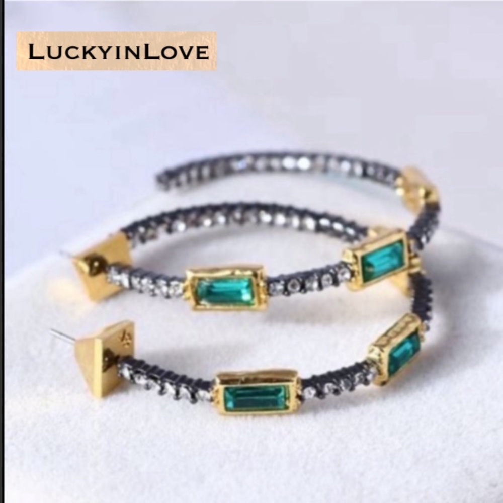 ALEXIS BITTAR• New Elements Teal Green Baguette Stone Crystal Hoop Post Earrings